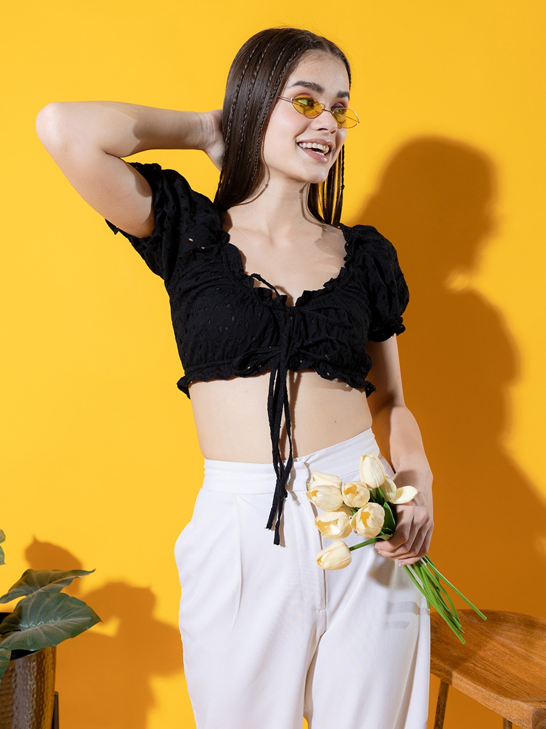 

Stylecast X Hersheinbox Embroidered Schiffli Crop Top, Black