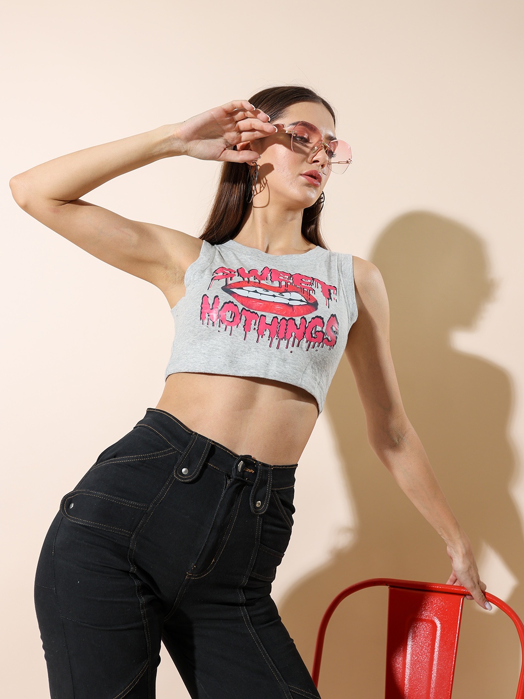 

Stylecast X Hersheinbox Printed Cotton Crop Top, Grey melange