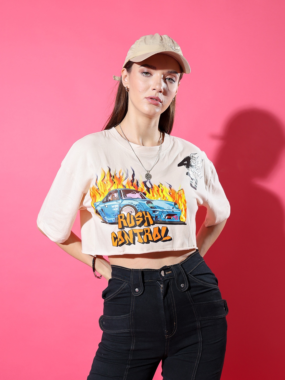 

Stylecast X Hersheinbox Women Printed Pure Cotton Boxy T-shirt, Pink