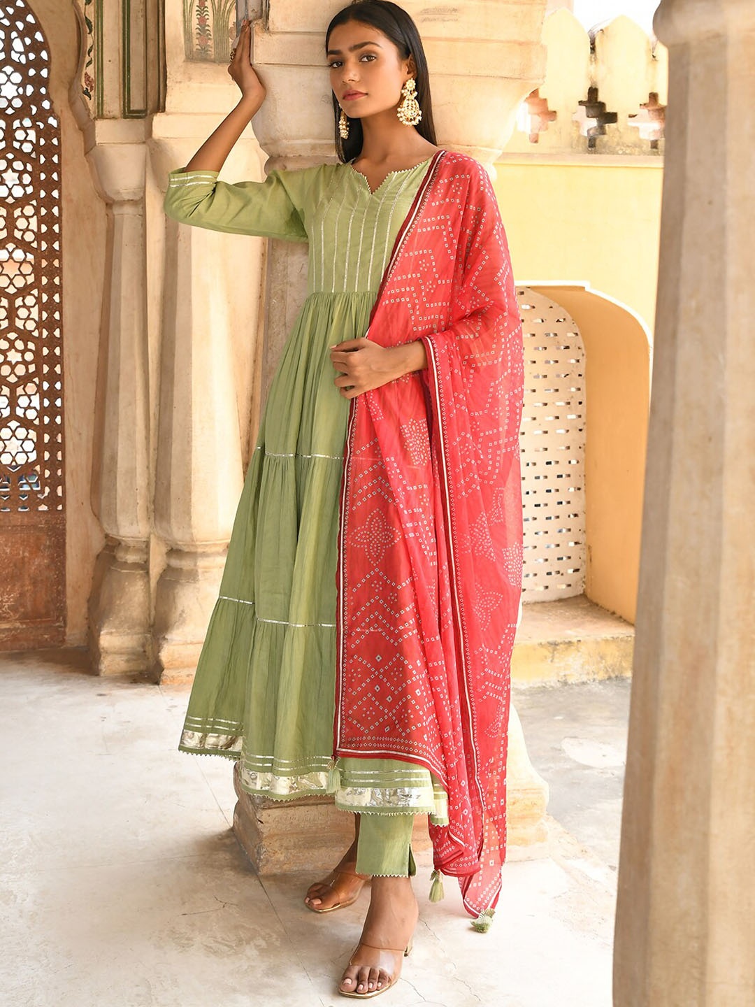 

Janasya Green Yoke Design Tiered Gotta Patti Pure Cotton Kurta with Trousers With Dupatta