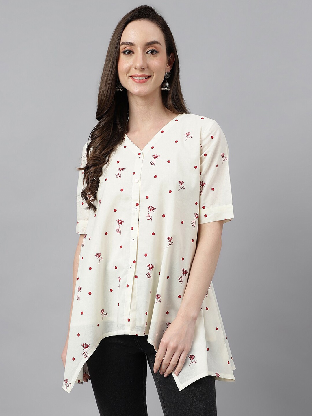 

Janasya Floral Printed V-Neck Cotton Top, Off white