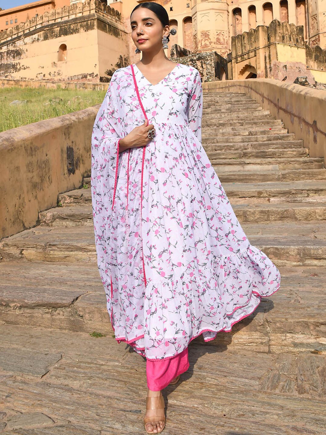 Janasya White Floral Printed Tiered Gotta Patti Kurta & Palazzos With Dupatta