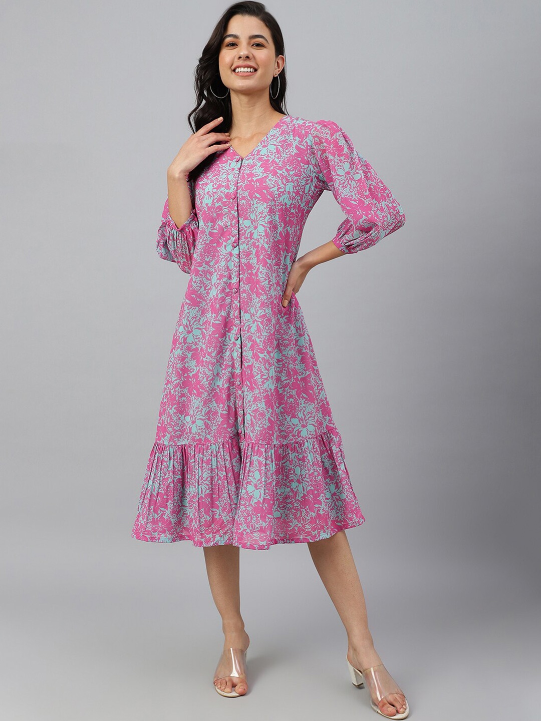 

Janasya Floral Printed Gathered Georgette A-Line Dress, Pink