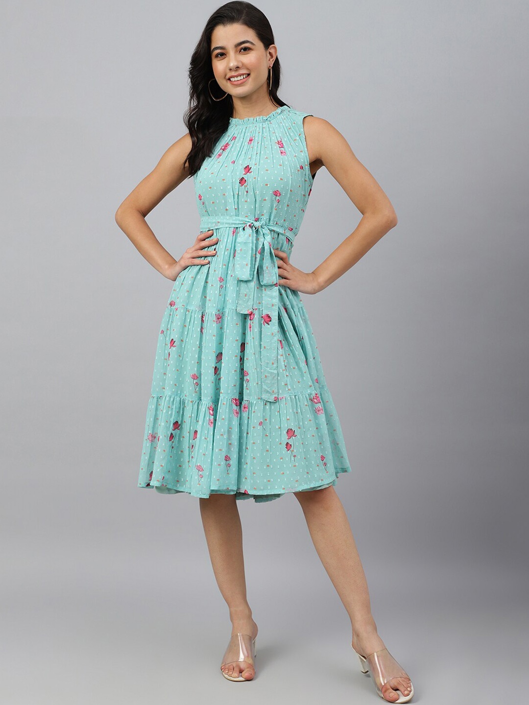 

Janasya Sea Green Floral Printed Tie Up Tiered Dobby Georgette Fit & Flare Dress