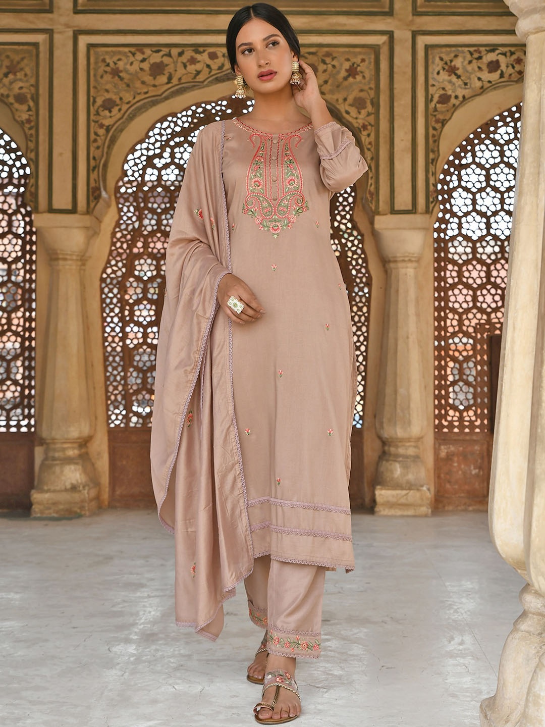 

Janasya Rose Gold Floral Yoke Design Gotta Patti Regular Kurta & Trousers With Dupatta