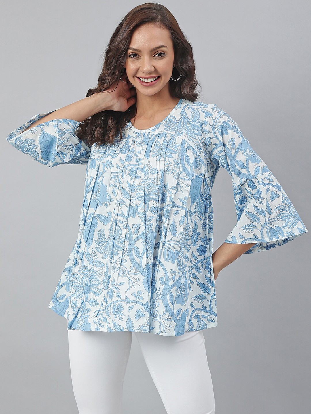 

Janasya Floral Printed Bell Sleeves Cotton Top, White
