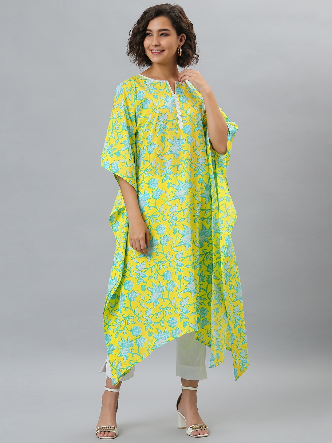 

Janasya Floral Printed Kaftan Cotton Kurta, Yellow