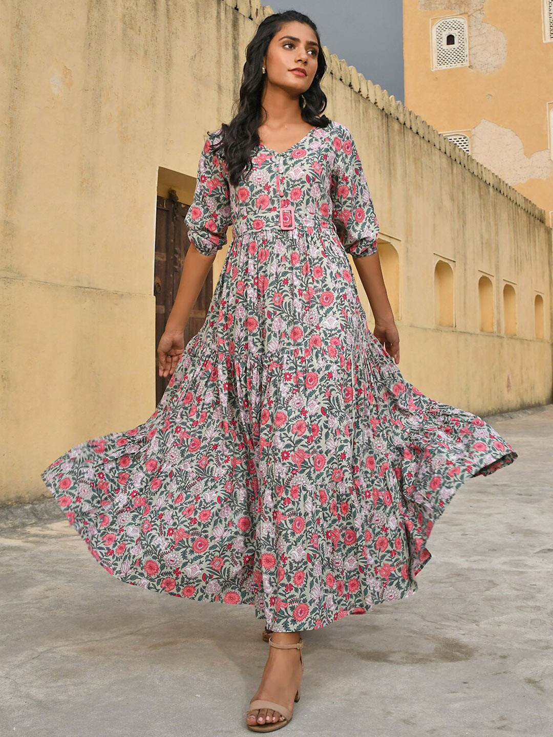 

Janasya Floral Printed V-Neck Puff Sleeves Pure Cotton Maxi Dress, Green
