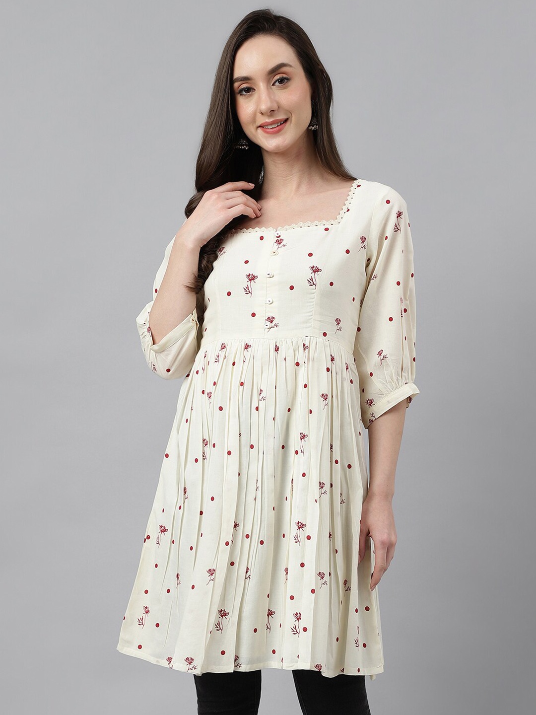 

Janasya Floral Printed Cotton Longline Tunics, Off white