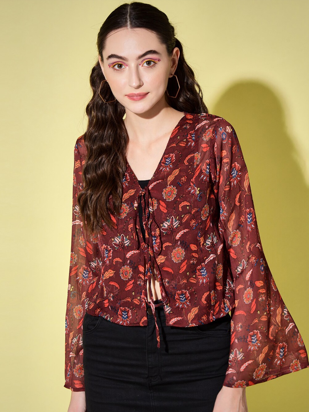 

Trend Arrest Floral Printed Flared Sleeve Tie-Up Shrug, Maroon