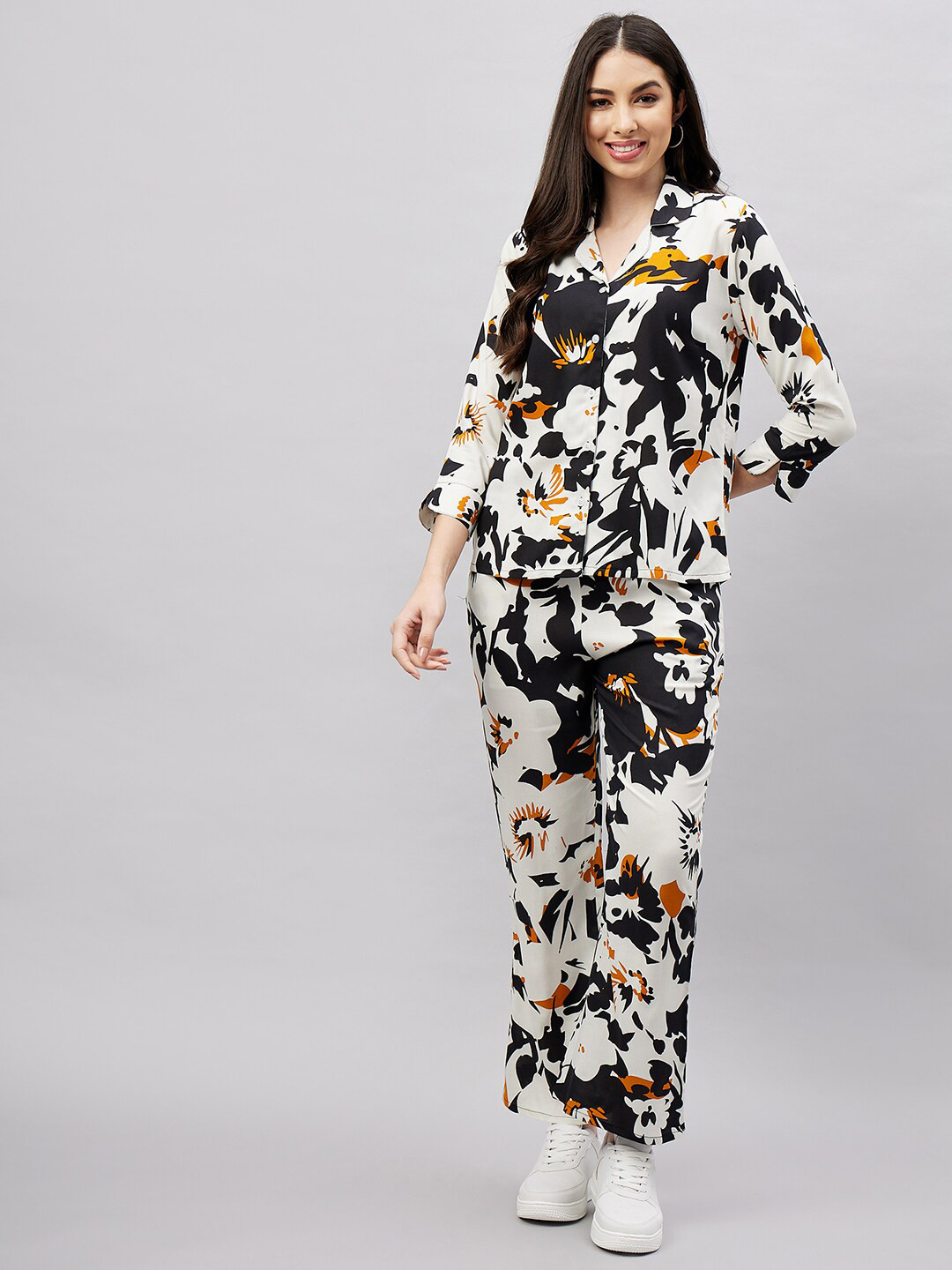 

CHROME & CORAL Printed Shirt Collar Shirt With Trousers Co-Ords, Black