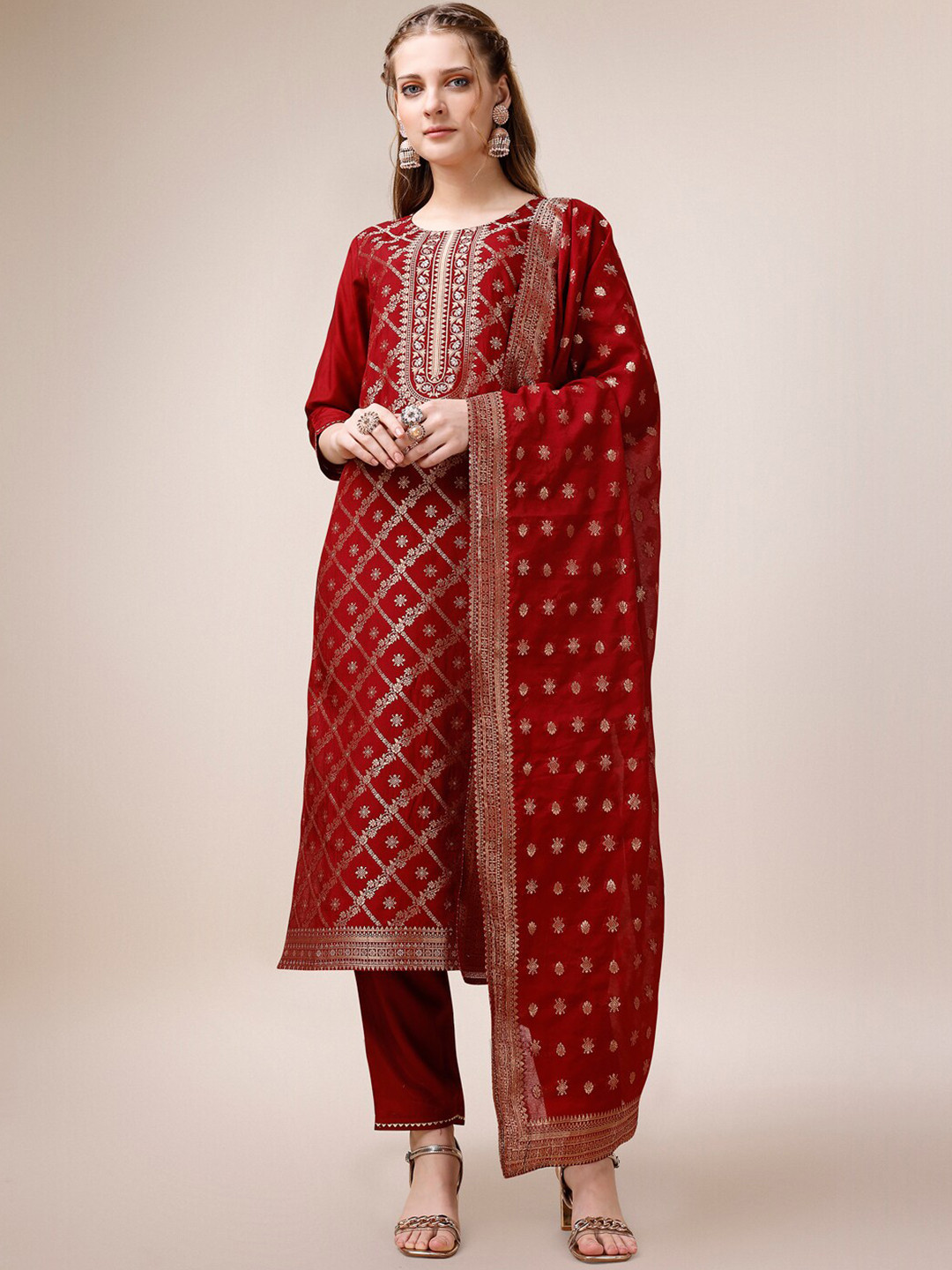 

Berrylicious Floral Woven Design Zari Regular Kurta & Trousers With Dupatta, Red