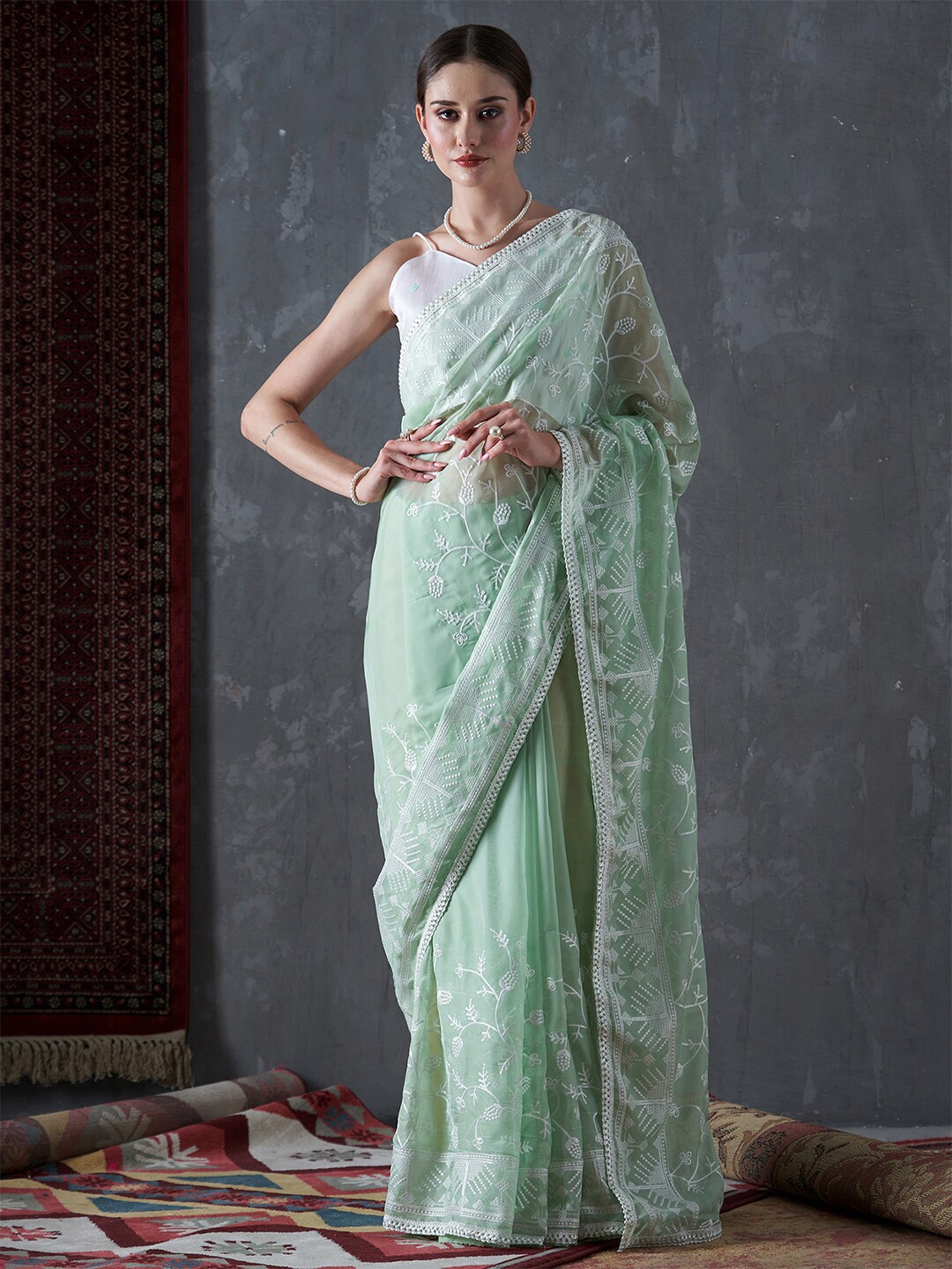 

Mitera Floral Embroidered Organza Saree With Blouse Piece, Sea green