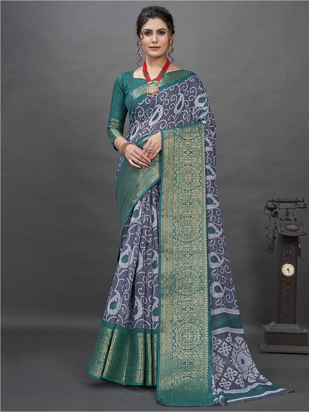 

Mitera Ethnic Motif Zari Saree With Blouse Piece, Grey