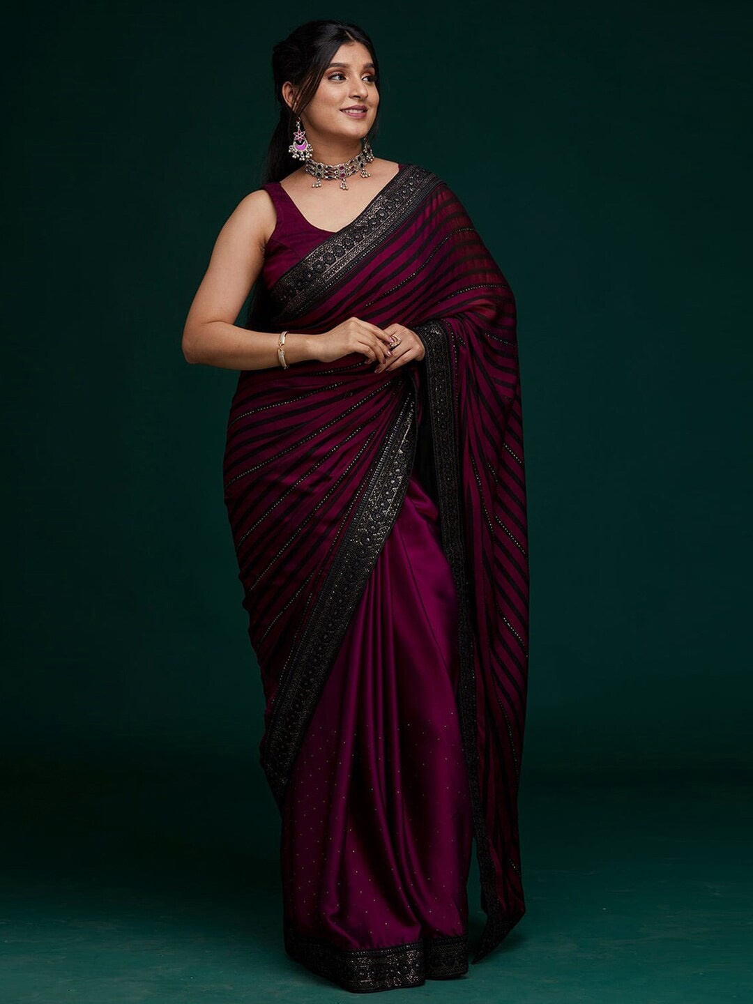 

Mitera Striped Sequinned Poly Georgette Saree, Purple