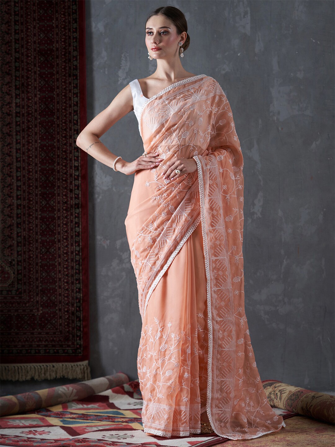 

Mitera Floral Embroidered Organza Saree, Peach