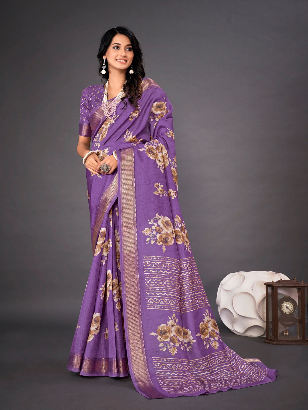 

Mitera Violet & White Floral Printed Zari Dabu Saree