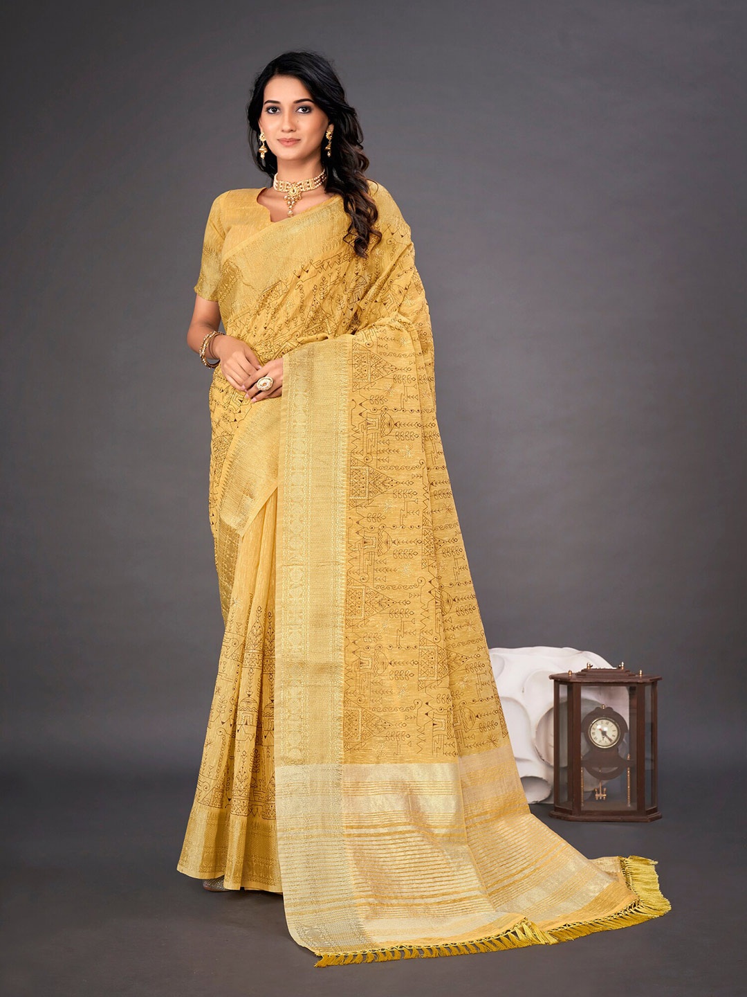 

Mitera Embellished Embroidered Linen Blend Saree, Yellow