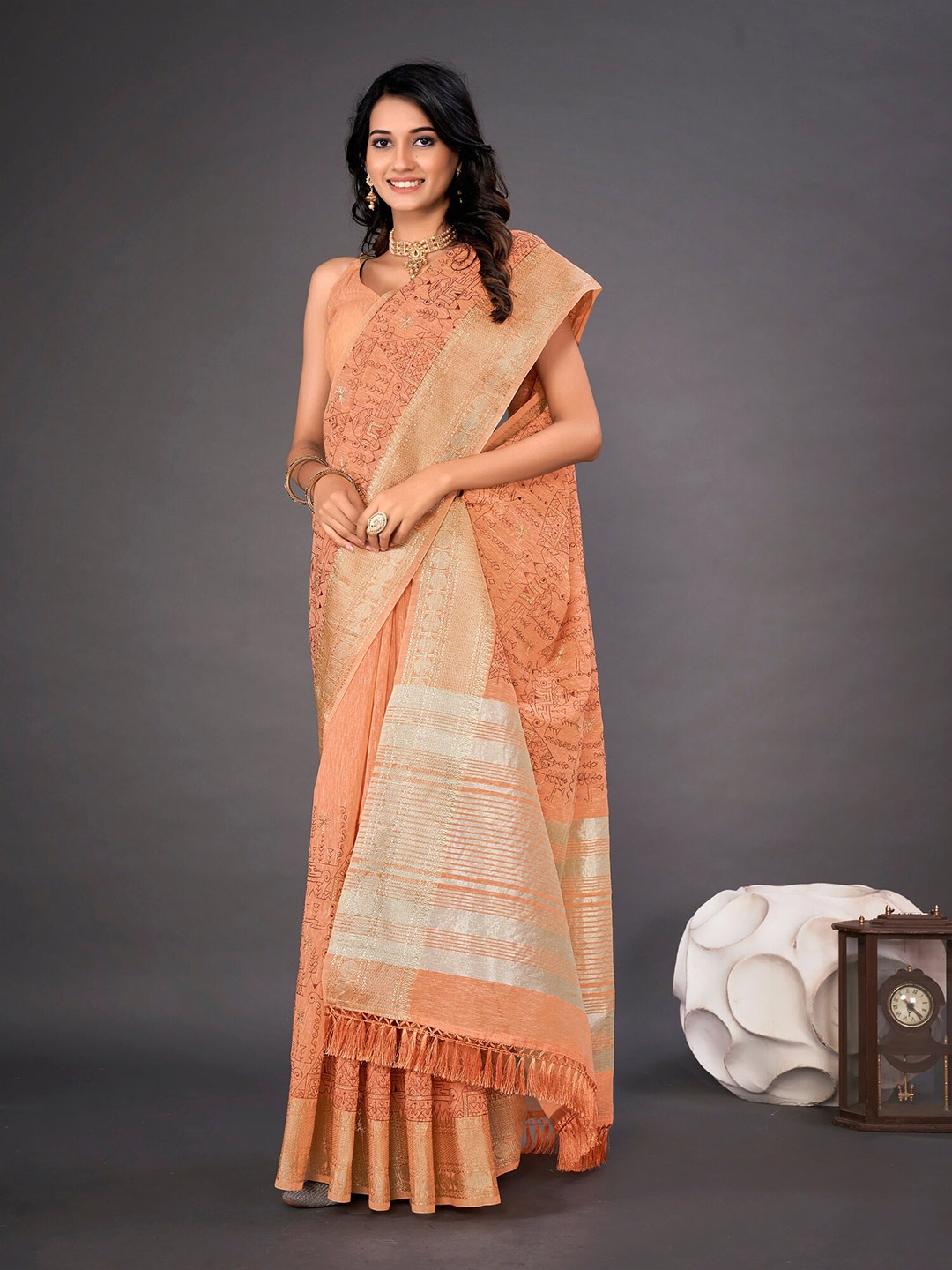 

Mitera Embellished Embroidered Linen Blend Saree, Peach