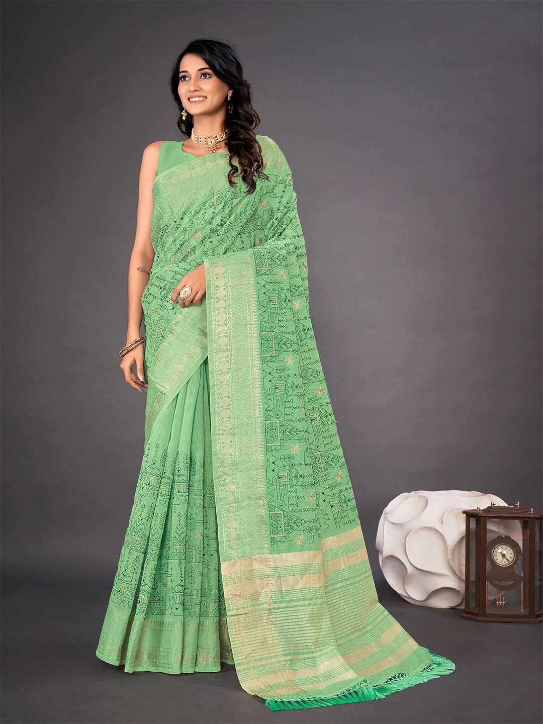 

Mitera Embellished Embroidered Linen Blend Saree, Sea green