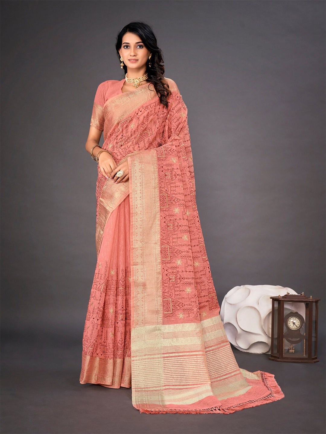 

Mitera Ethnic Motifs Embroidered Linen Blend Saree, Pink