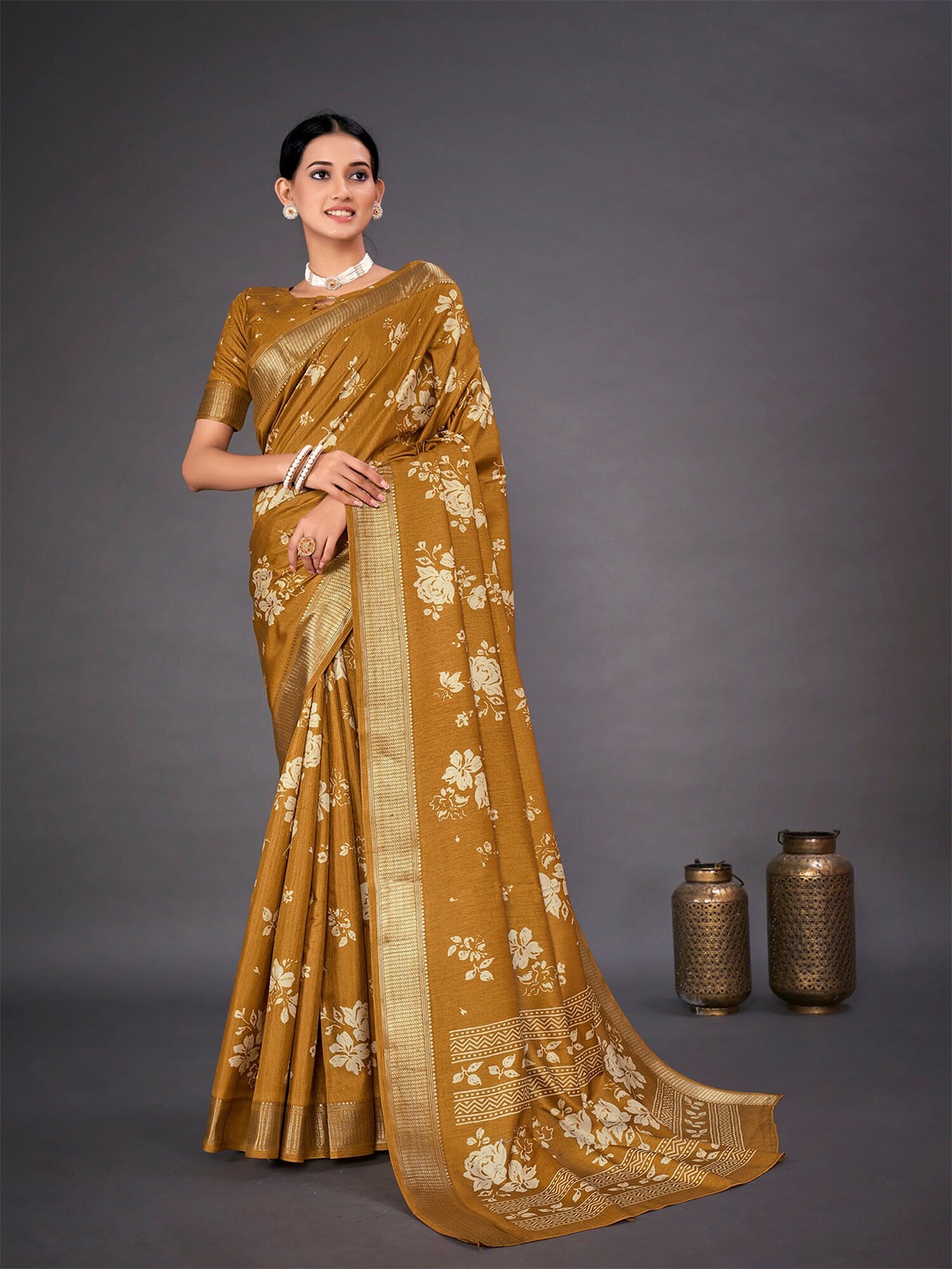 

Mitera Floral Printed Art Silk Dabu Saree, Mustard