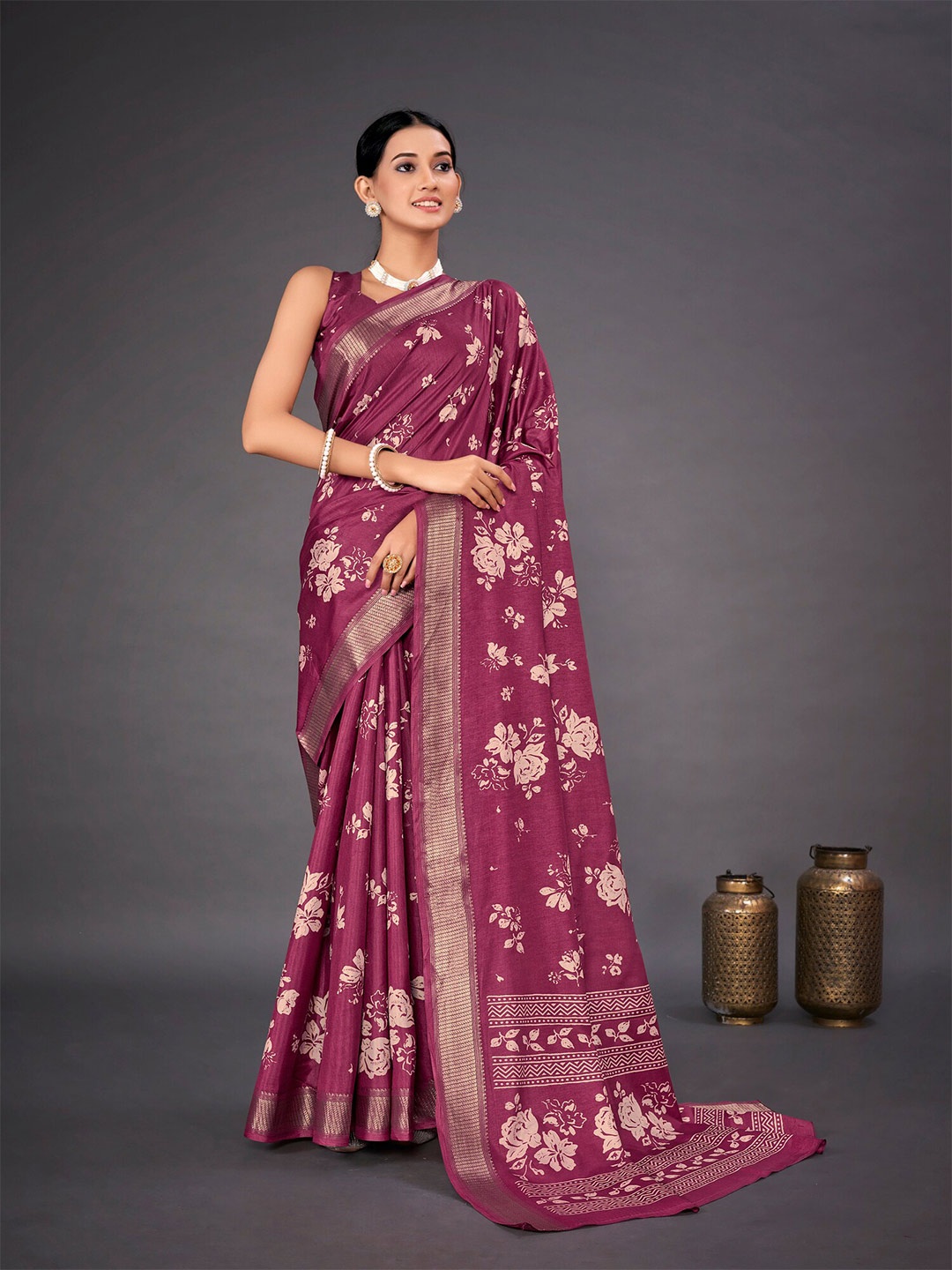 

Mitera Floral Printed Art Silk Dabu Saree, Magenta