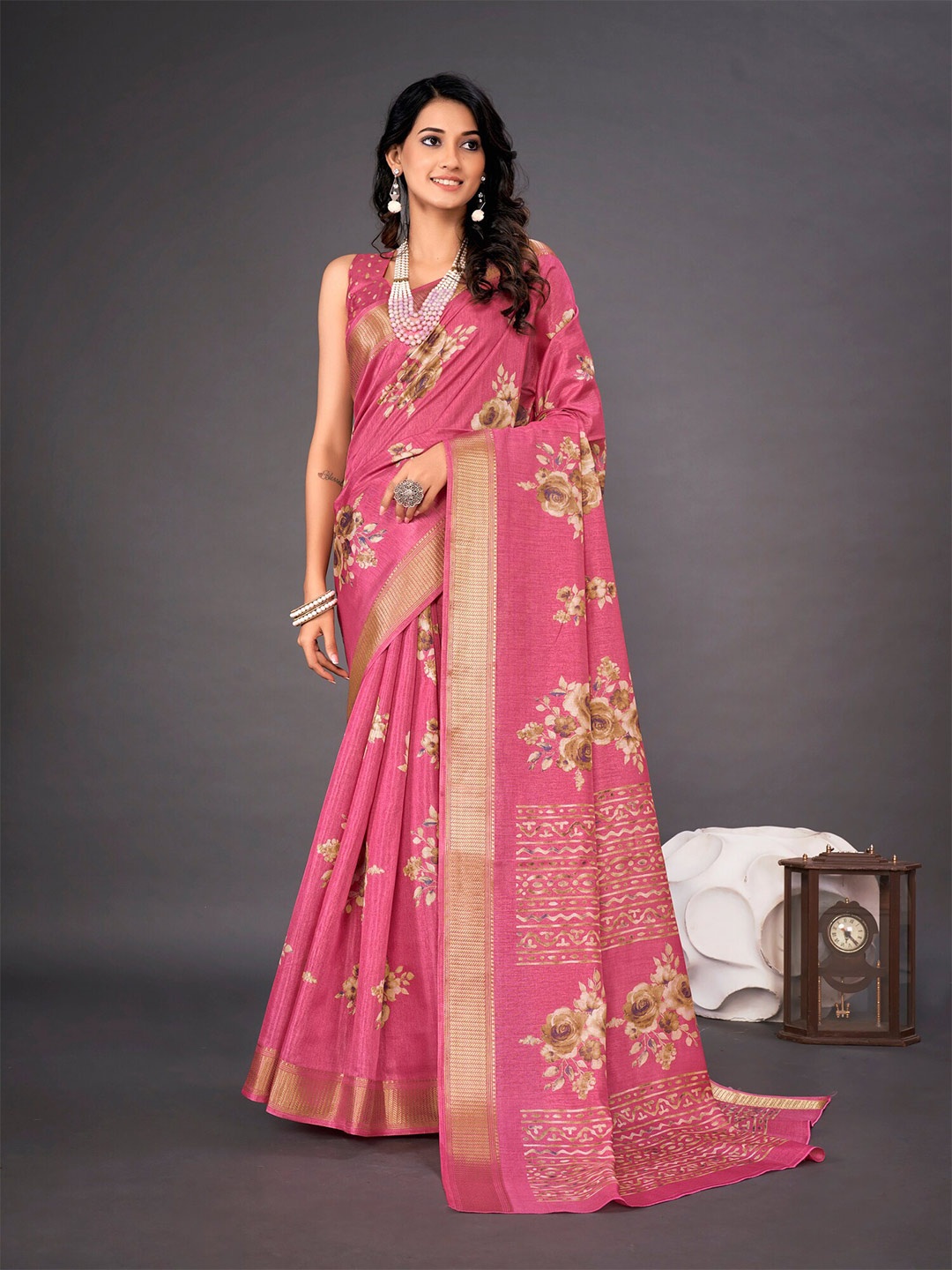 

Mitera Floral Printed Art Silk Dabu Saree, Pink