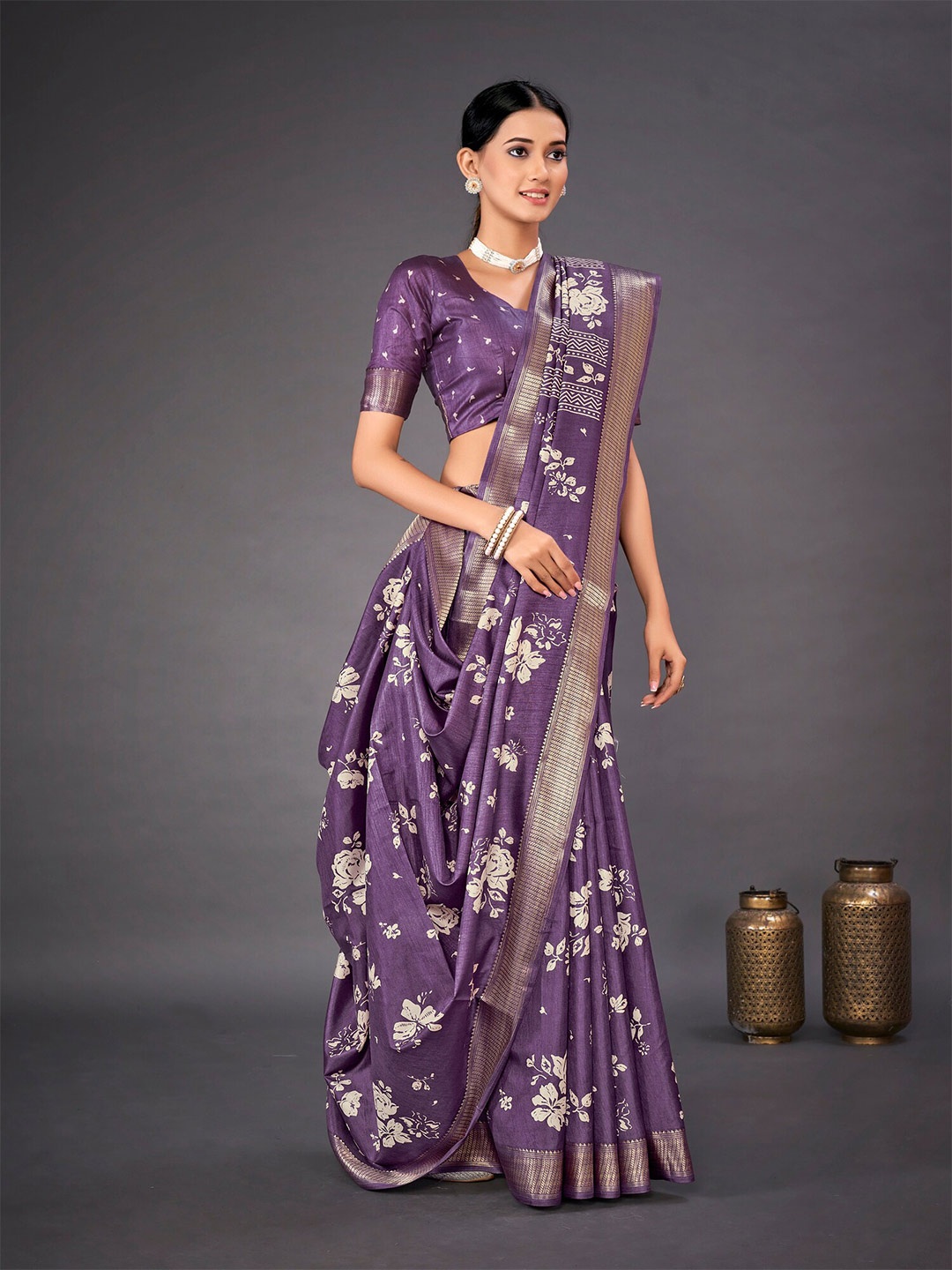 

Mitera Floral Printed Art Silk Dabu Saree, Violet
