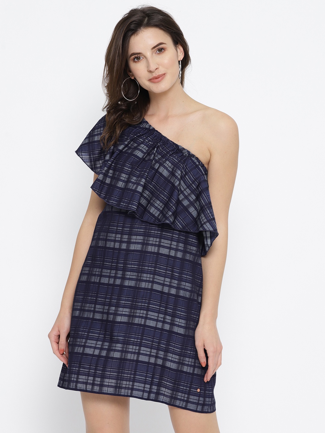 

ONLY Women Navy Blue & Grey Checked One Shoulder A-Line Dress