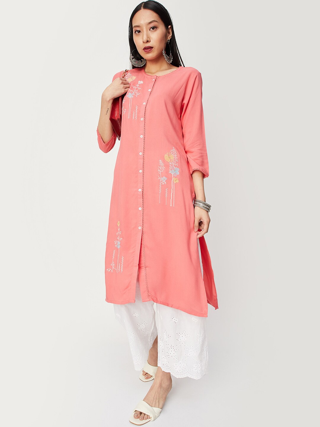 

max Floral Embroidered Thread Work Straight Kurta, Orange
