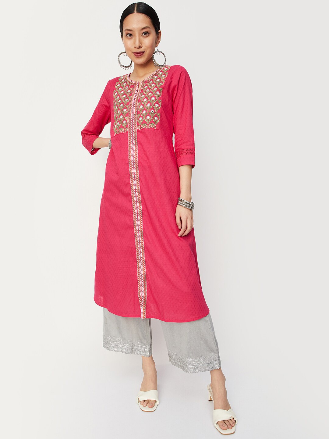

max Ethnic Motifs Yoke Design Mirror Work A-Line Kurta, Pink