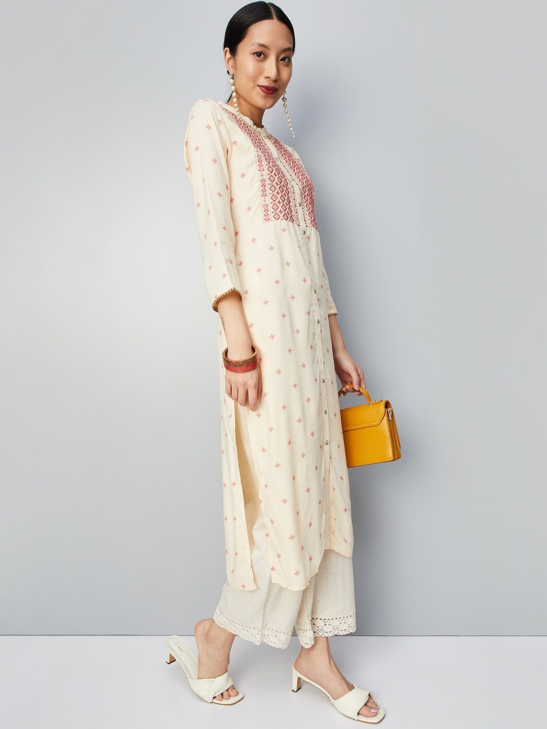 

max Ethnic Motifs Embroidered Band Collar Thread Work Kurta, Beige