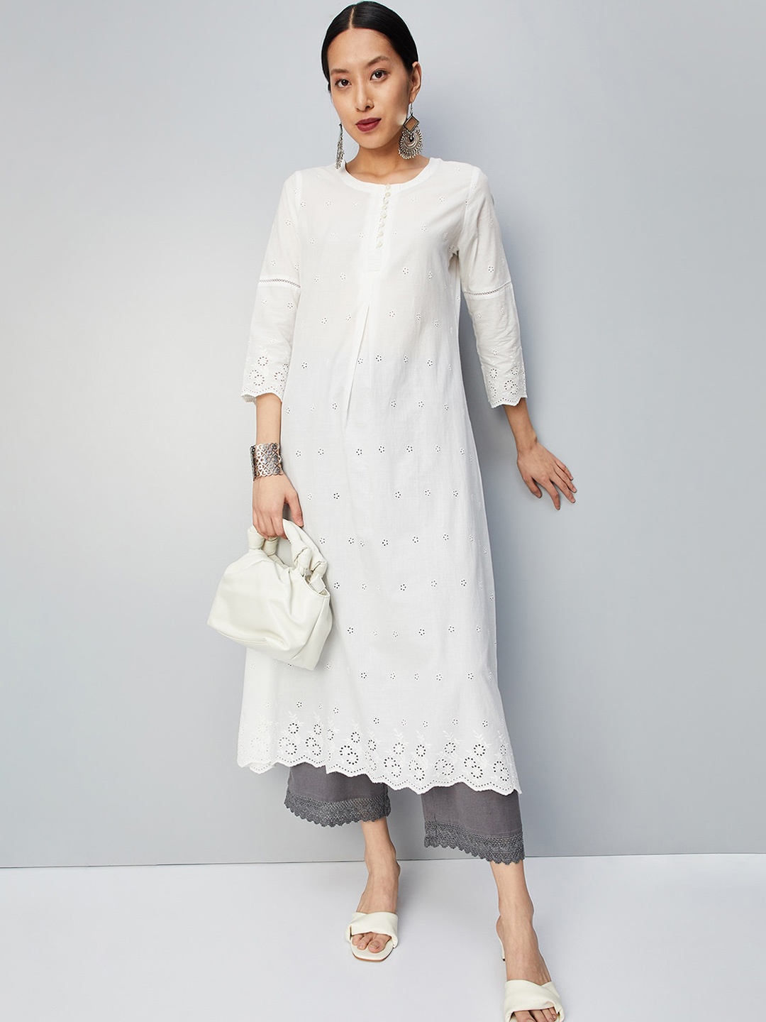 

max Floral Embroidered Thread Work A-Line Kurta, Off white