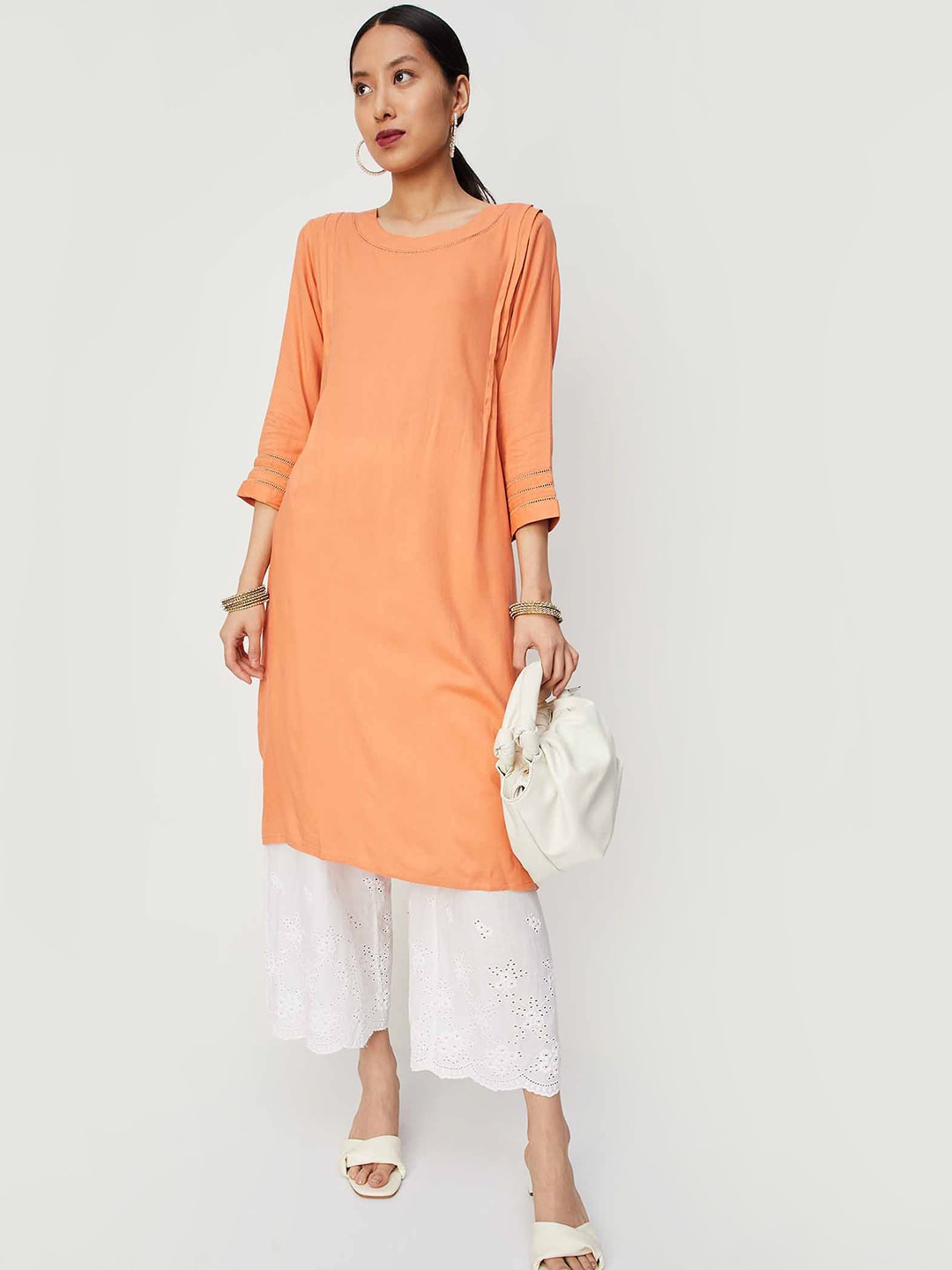 

max Round Neck Straight Kurta, Orange