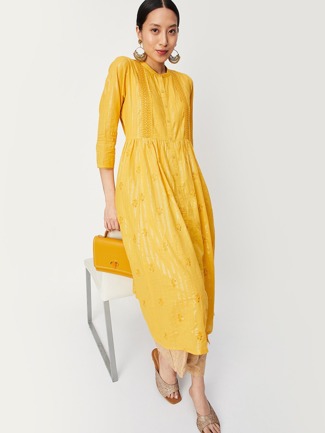 

max Floral Embroidered Band Collar Sequinned Pleated A-Line Kurta, Yellow