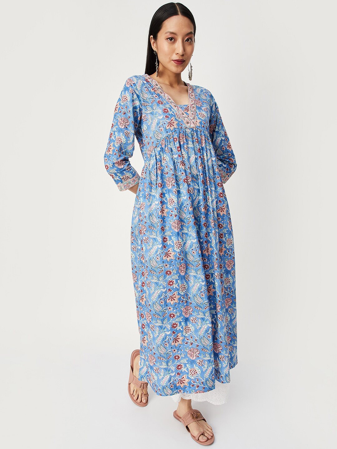 

max Floral Printed V-Neck A-Line Empire Kurta, Blue