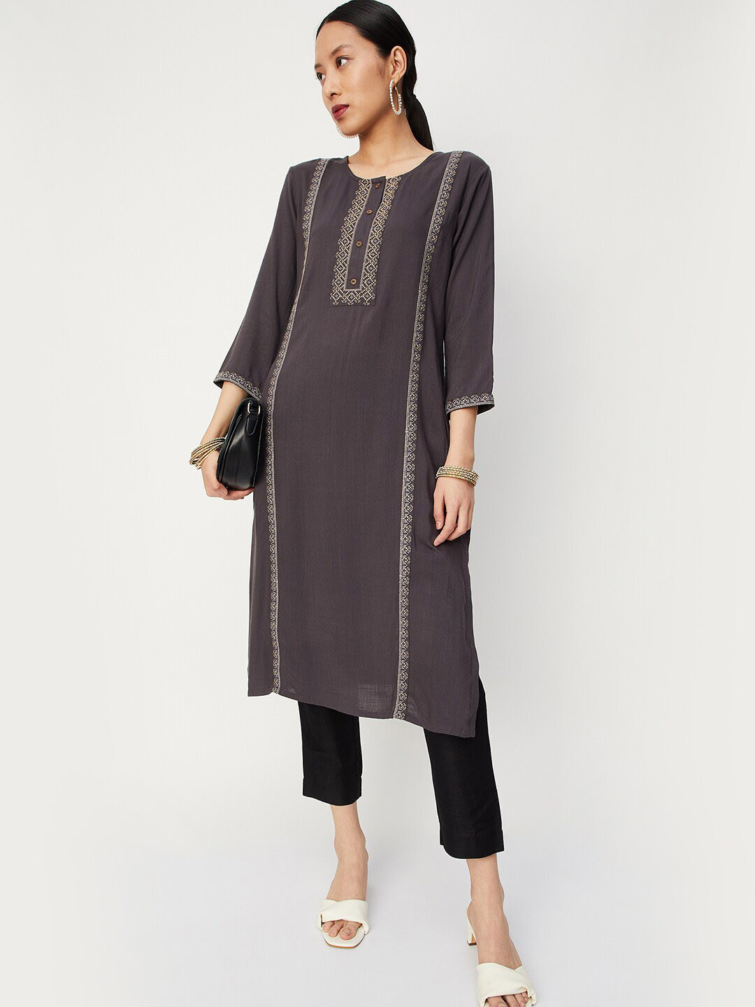 

max Ethnic Motifs Embroidered Regular Thread Work Kurta, Grey