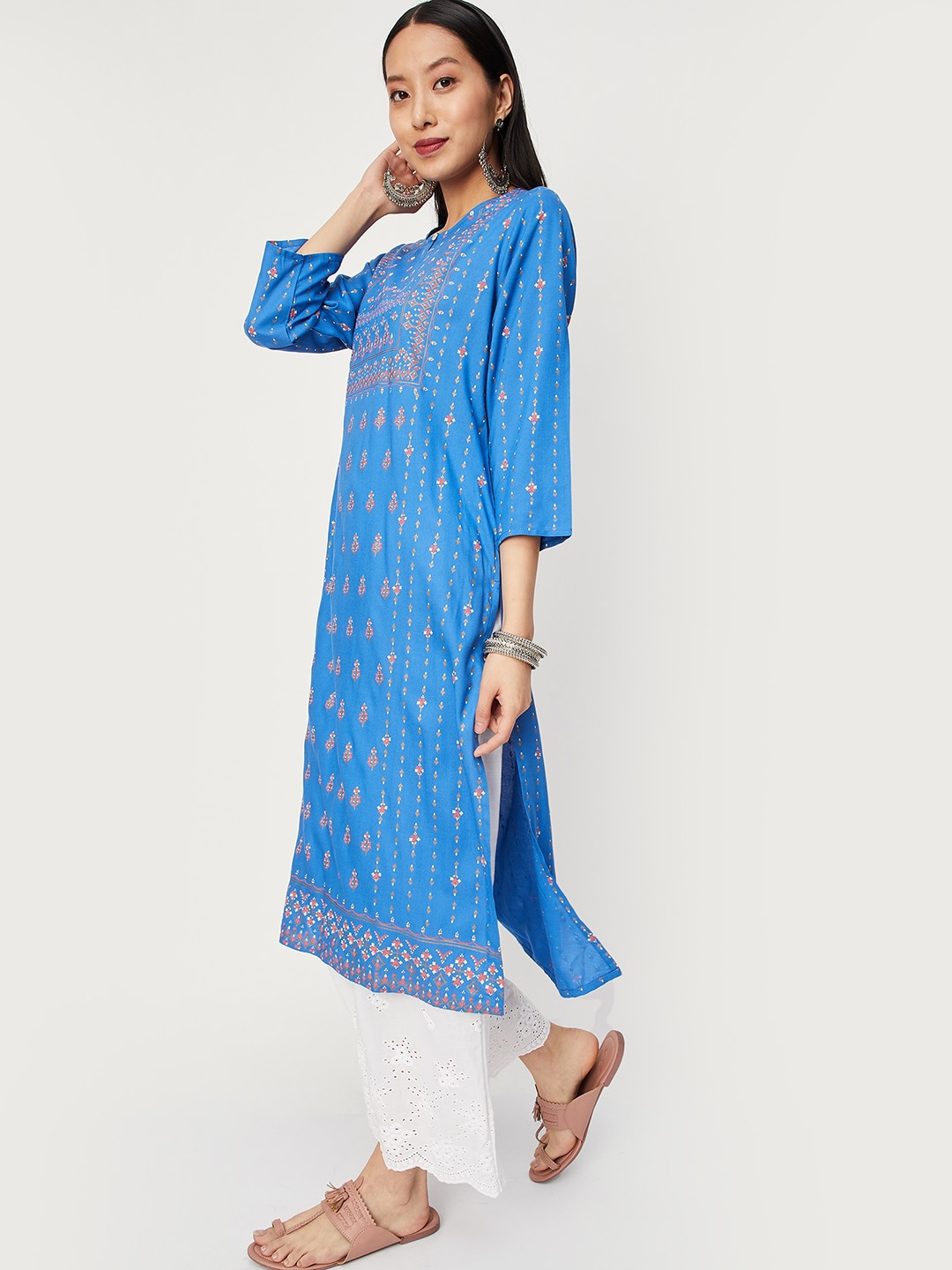 

max Ethnic Motifs Printed Keyhole Neck Regular Kurta, Blue