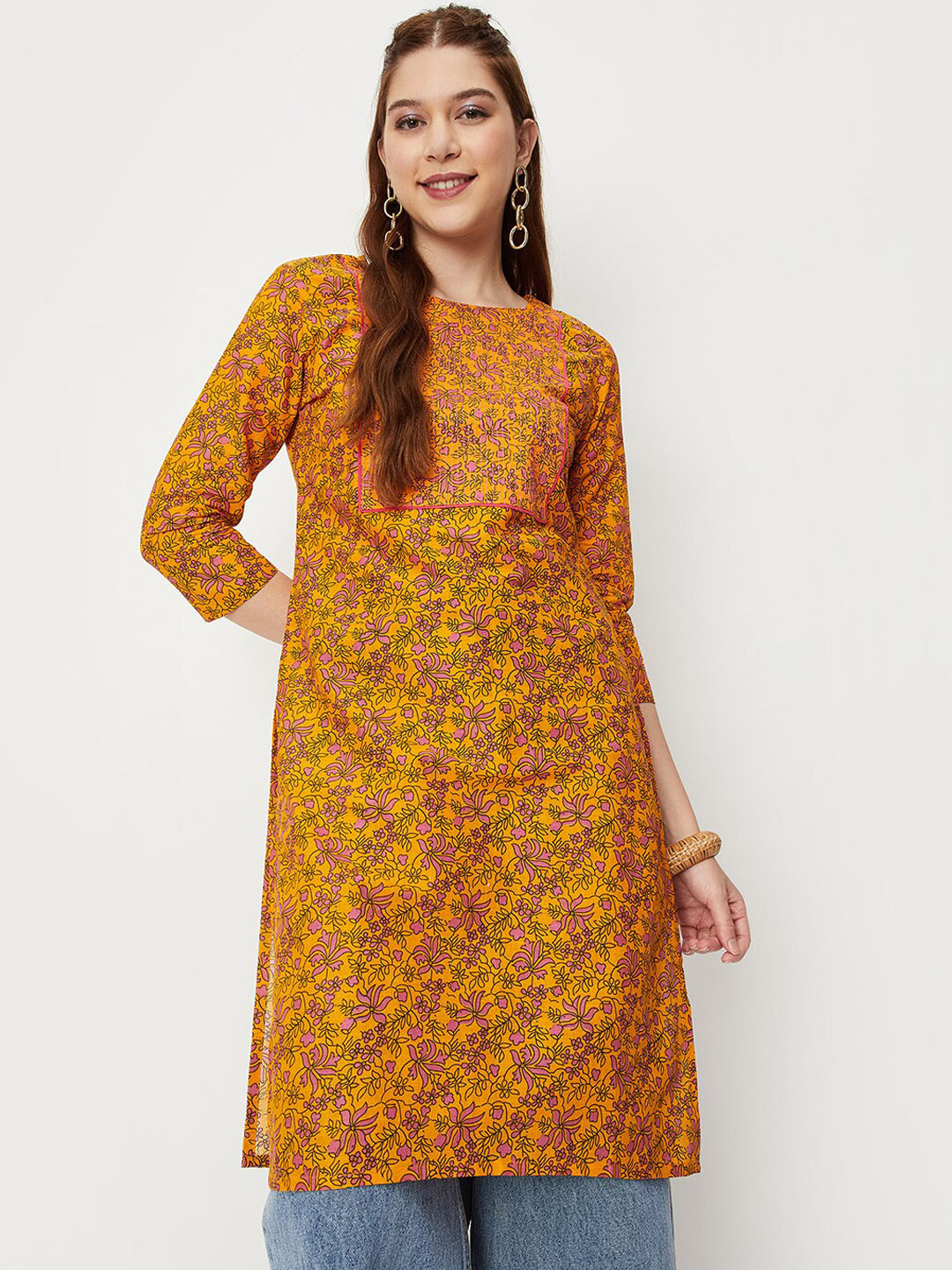 

max Floral Printed Round Neck Straight Kurta, Orange