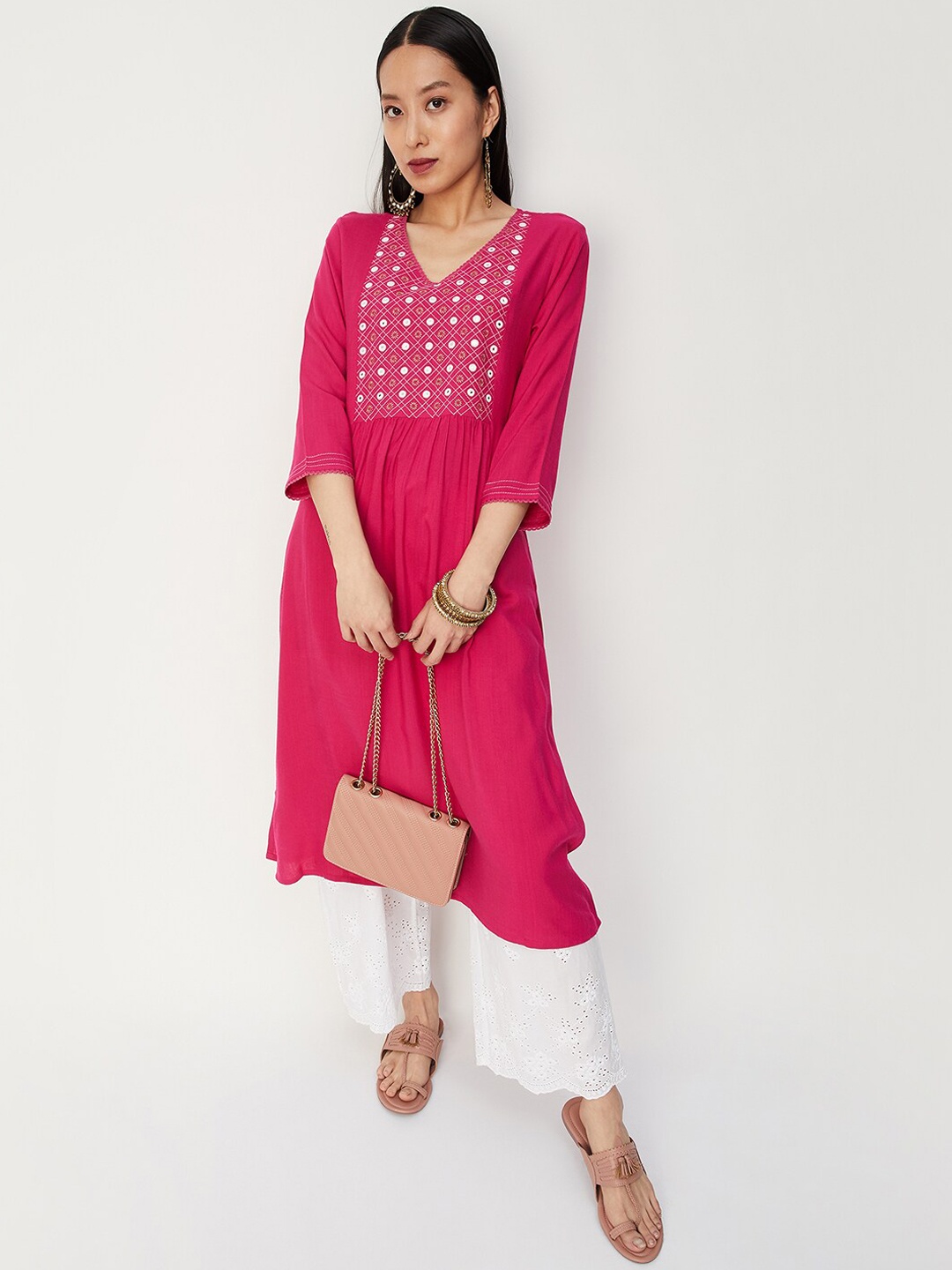 

max Floral Yoke Design V-Neck Mirror Work Pleated Kurta, Magenta