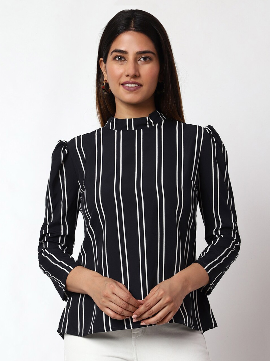 

Prettify Striped High Neck Puff Sleeves Top, Black