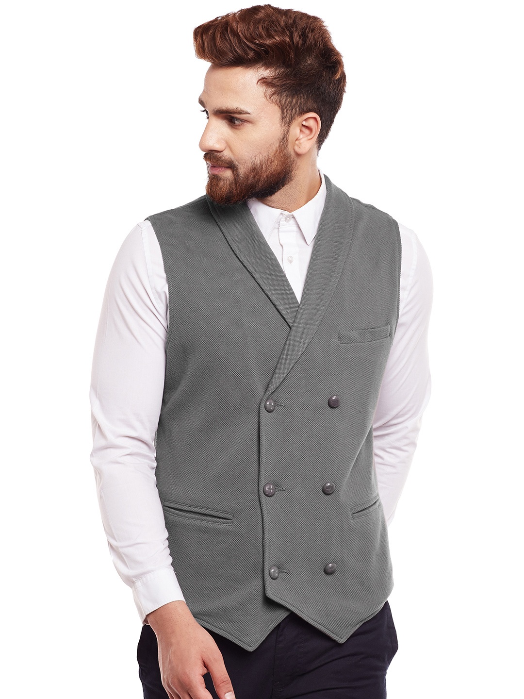 

Hypernation Men Grey Double-Breasted Waistcoat