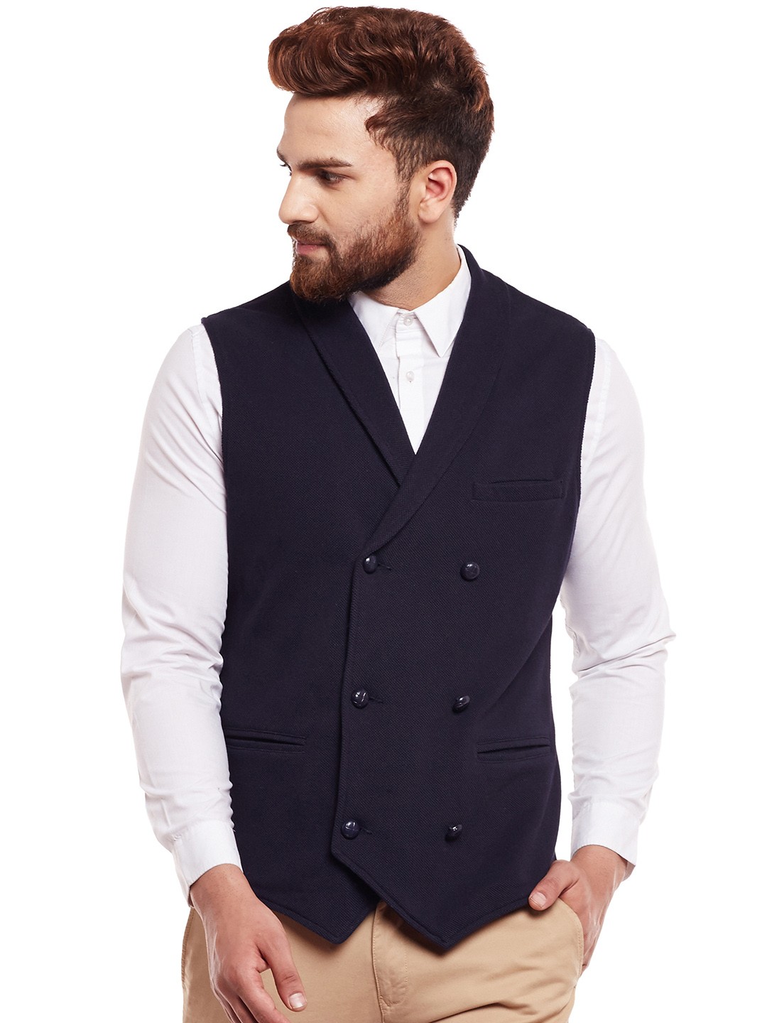 

Hypernation Men Navy Blue Double-Breasted Pure Cotton Waistcoat
