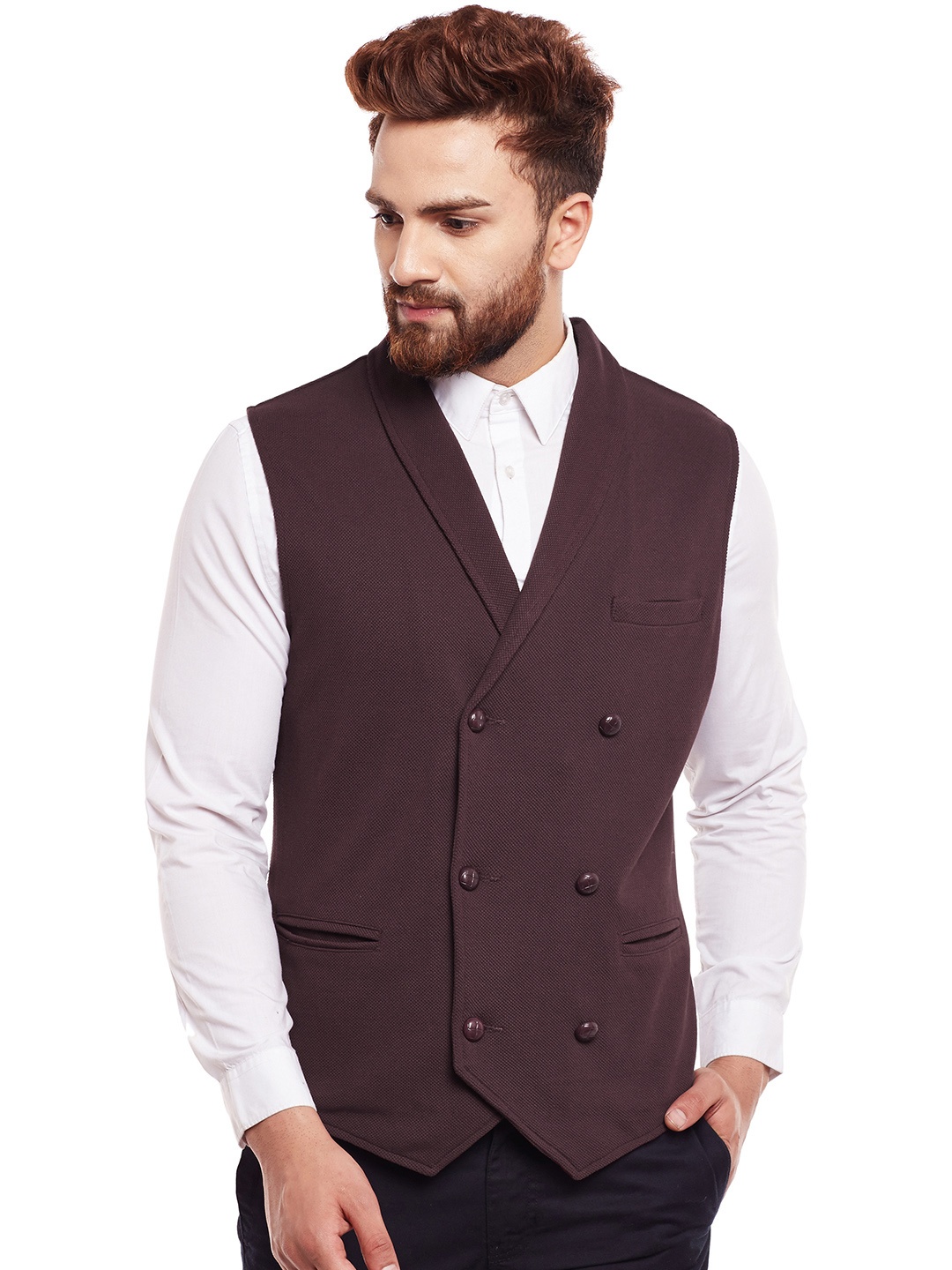 

Hypernation Men Brown Double-Breasted Waistcoat