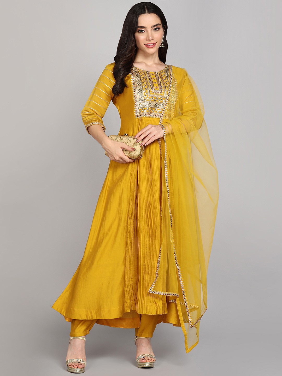 

Navlik Floral Yoke Design Sequinned Anarkali Chanderi Silk Kurta & Trousers With Dupatta, Mustard