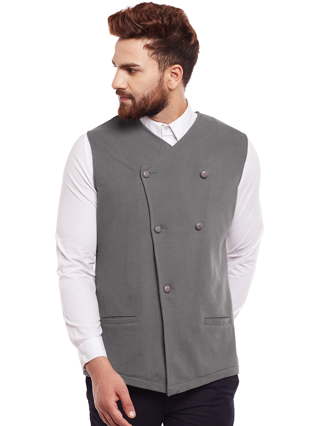

Hypernation Men Grey Double-Breasted Pure Cotton Waistcoat