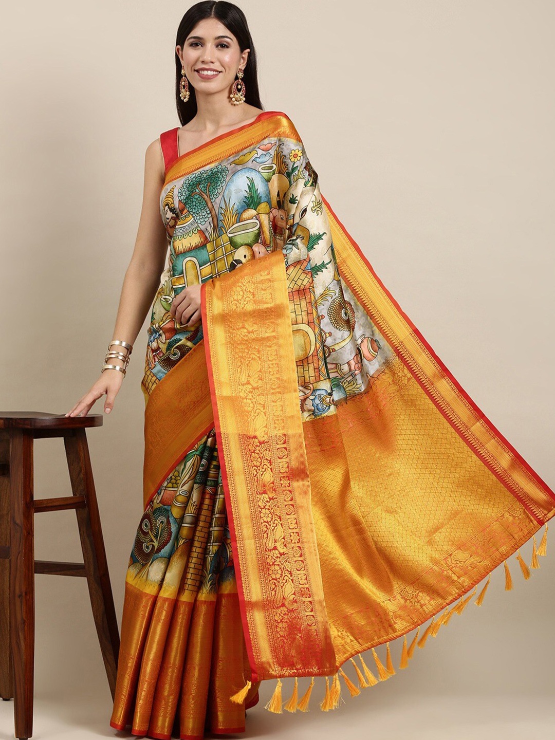 

JATRIQQ Kalamkari Zari Art Silk Kanjeevaram Saree, White