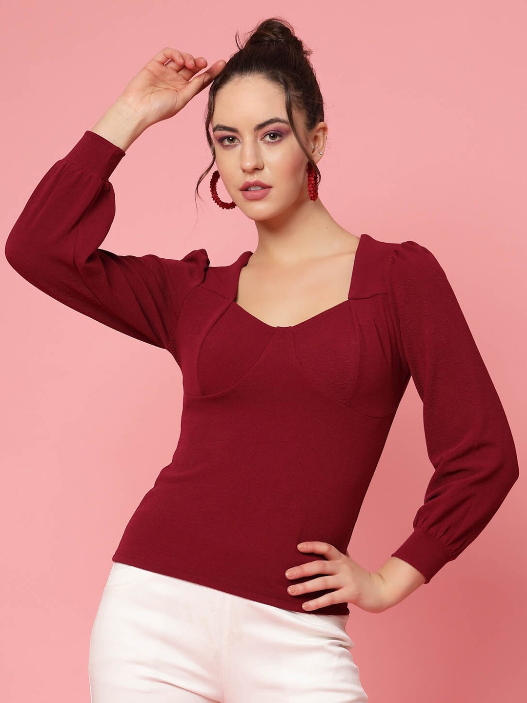 

plusS Maroon Cuffed Sleeves Fitted Top