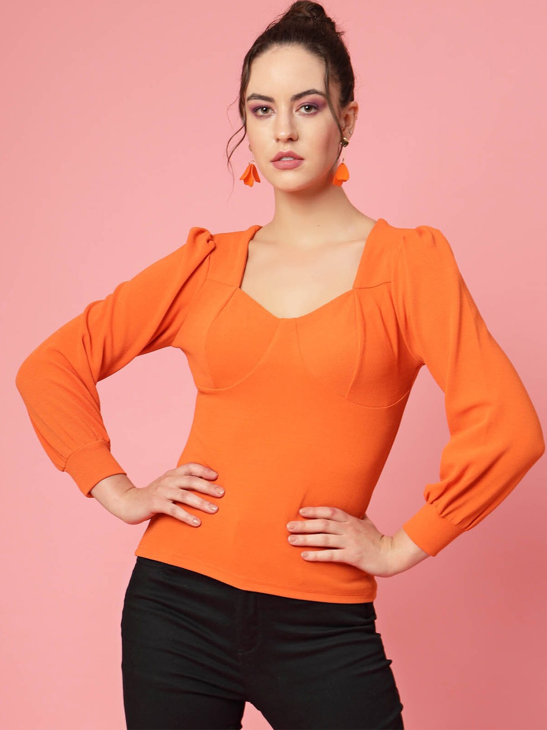 

plusS Cuffed Sleeves Regular Top, Orange